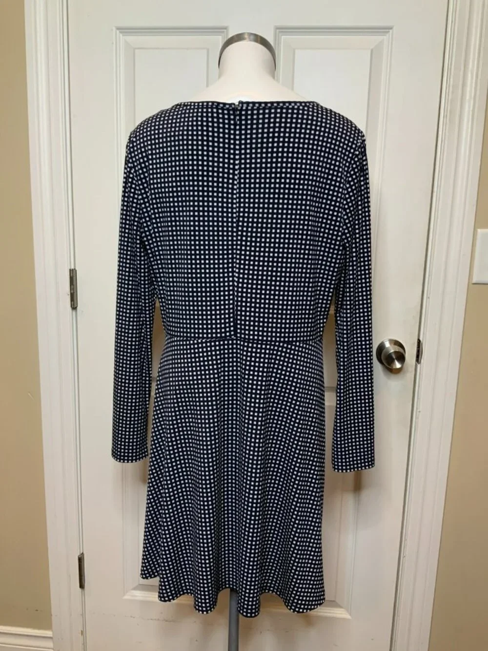 Michael Kors Navy Blue & White Check Fit & Flare Dress, Size XL